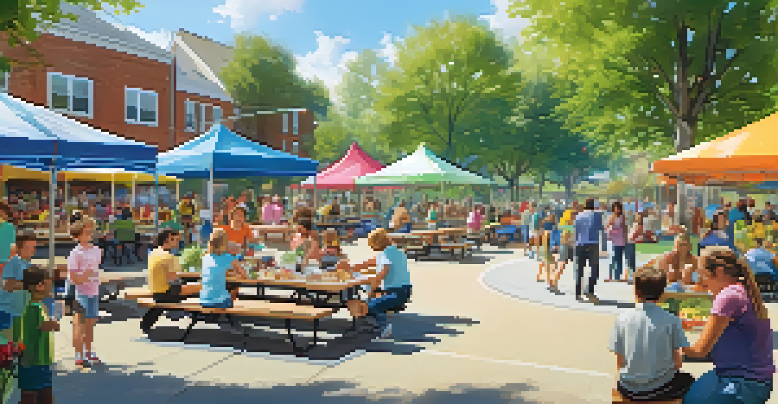 A lively community park bustling with families and activities, showcasing a joyful atmosphere.