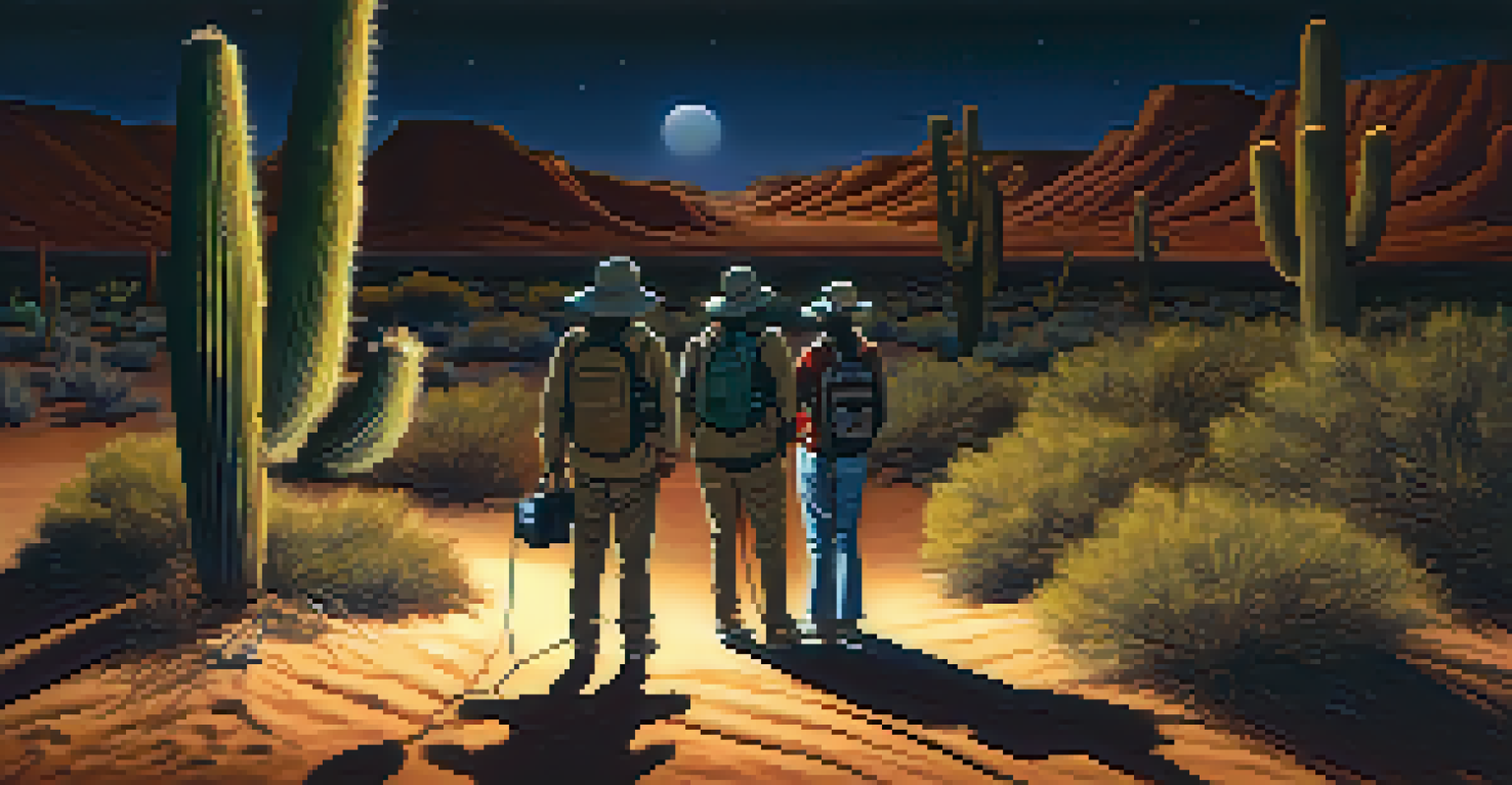 Wildlife watchers on a nighttime tour using night vision goggles in a softly lit desert environment.
