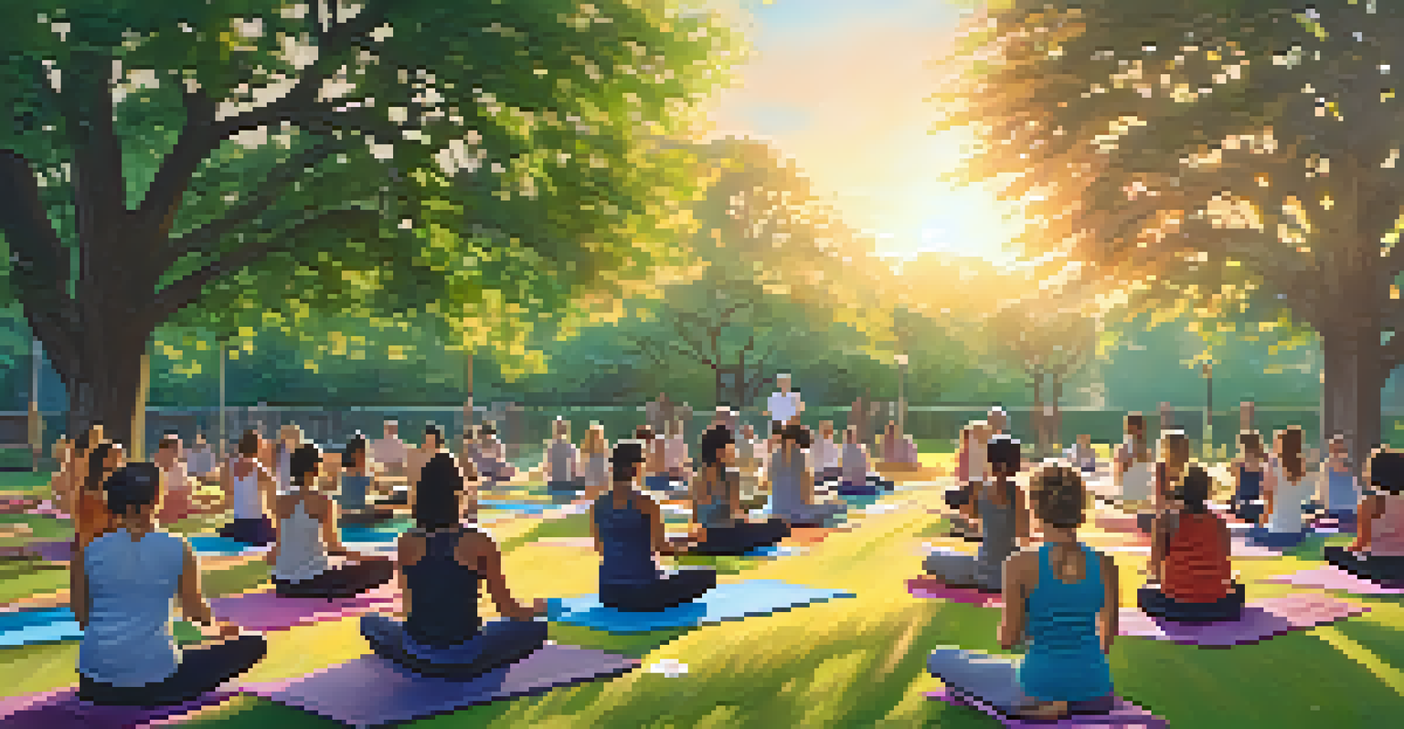 An outdoor yoga class in a green park with participants of different ages practicing yoga poses as the sun sets.