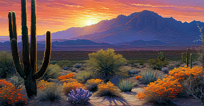A beautiful sunset in the desert with a silhouette of a tall saguaro cactus, vibrant colors in the sky, and desert landscape in the foreground.
