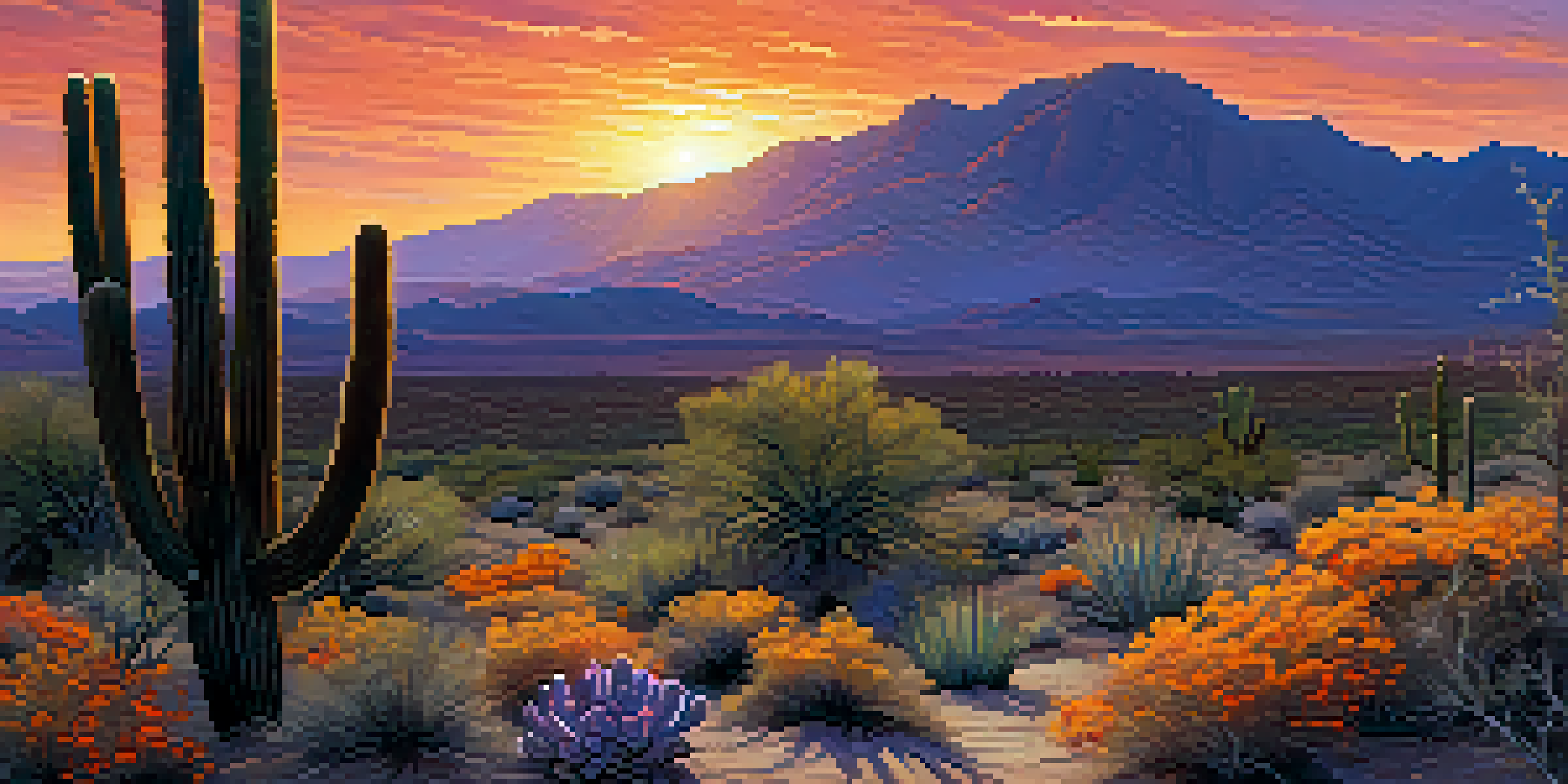 A beautiful sunset in the desert with a silhouette of a tall saguaro cactus, vibrant colors in the sky, and desert landscape in the foreground.