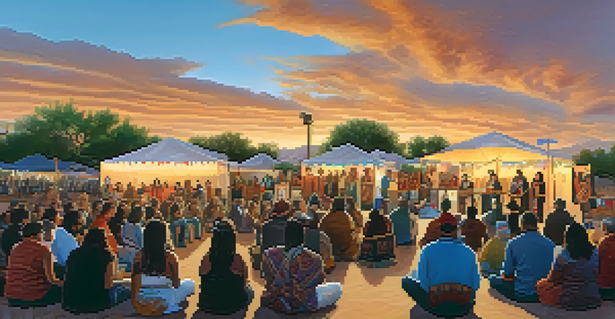 A community event in Phoenix with Native American writers and storytellers sharing their work amidst colorful banners and a sunset.