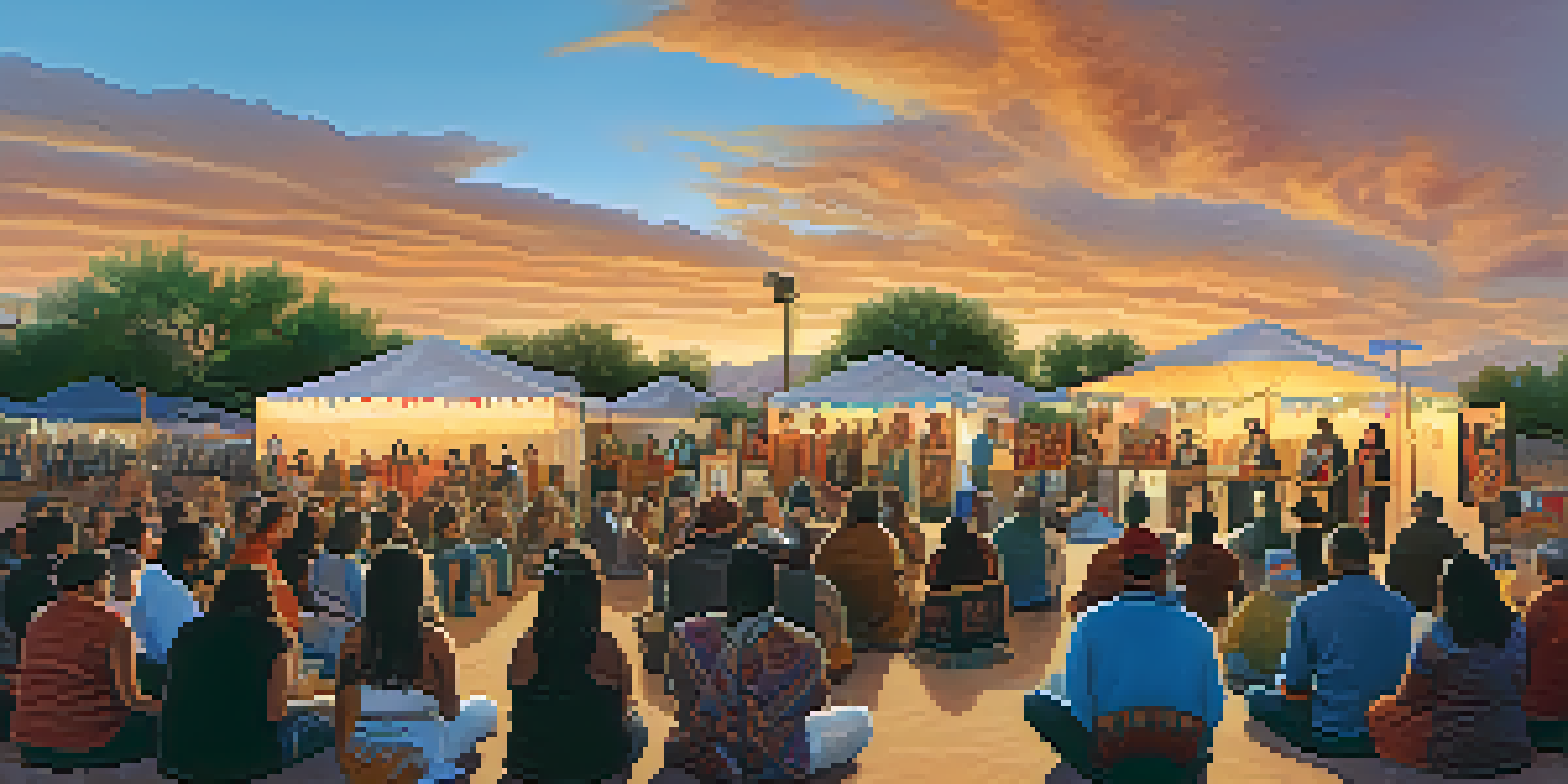 A community event in Phoenix with Native American writers and storytellers sharing their work amidst colorful banners and a sunset.