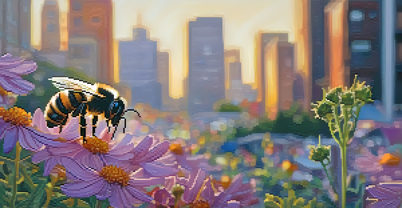 A close-up of a bee on colorful wildflowers in an urban garden, with city buildings blurred in the background.