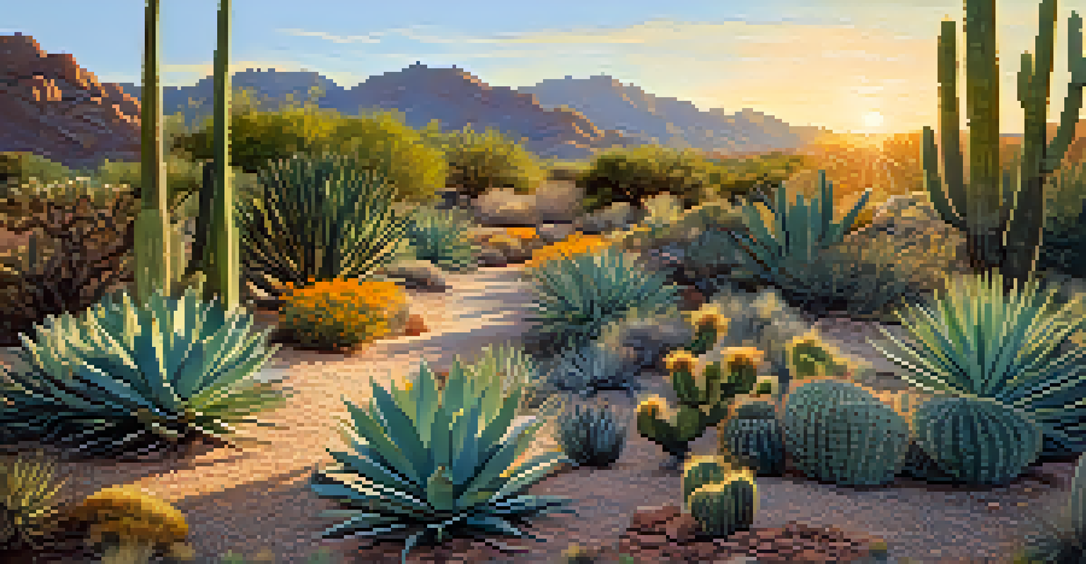 A peaceful view of the Desert Botanical Garden with flat trails and diverse desert plants under a warm sunset.