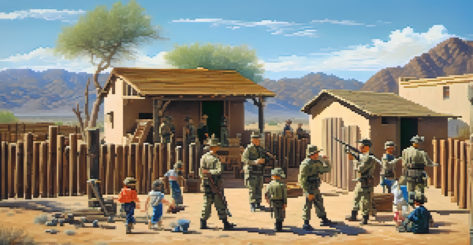 A lively depiction of daily life at Fort McDowell with soldiers and families engaging in various activities.