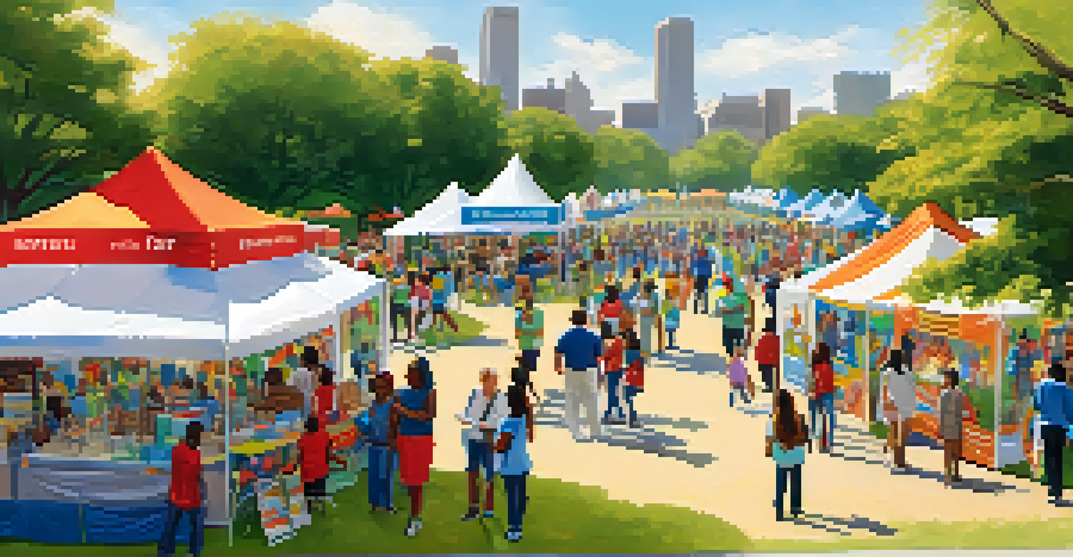 A lively outdoor community health fair in a park in Phoenix, featuring booths and people engaging in health activities.