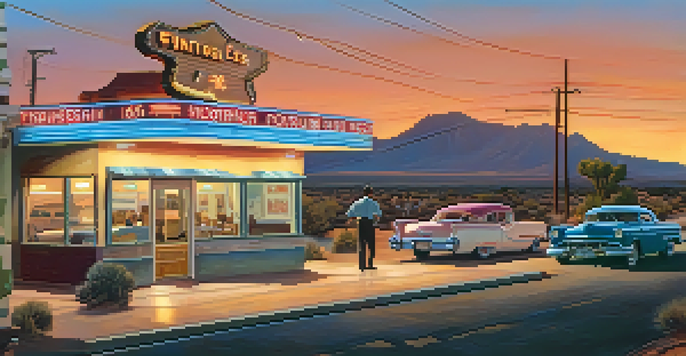 A picturesque scene of Historic Route 66 featuring a vintage diner and classic cars, with a sunset casting warm colors over the highway and desert mountains in the background.