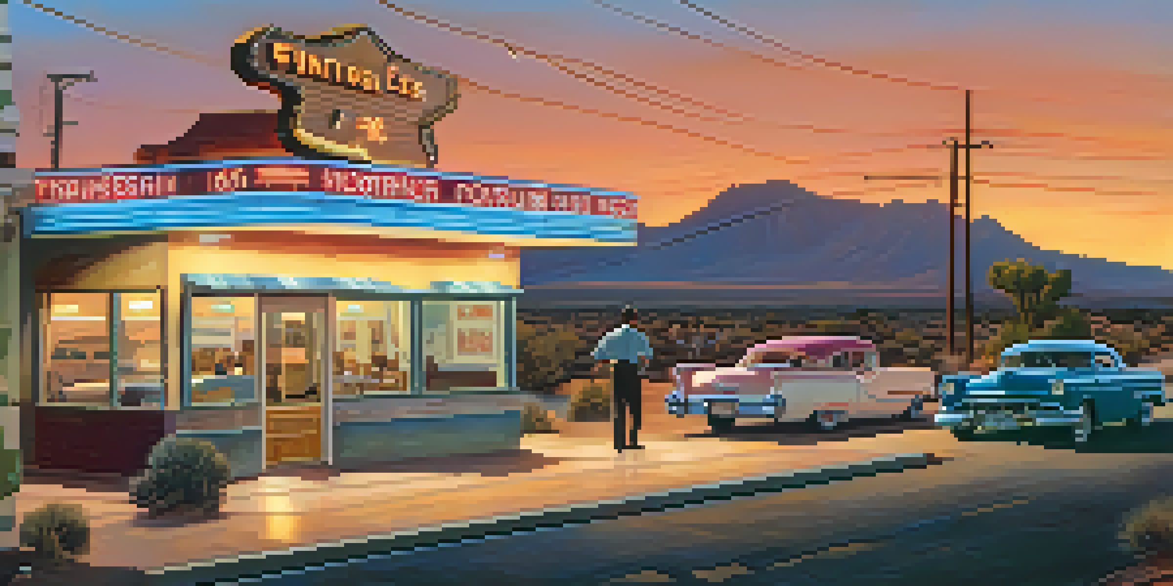A picturesque scene of Historic Route 66 featuring a vintage diner and classic cars, with a sunset casting warm colors over the highway and desert mountains in the background.