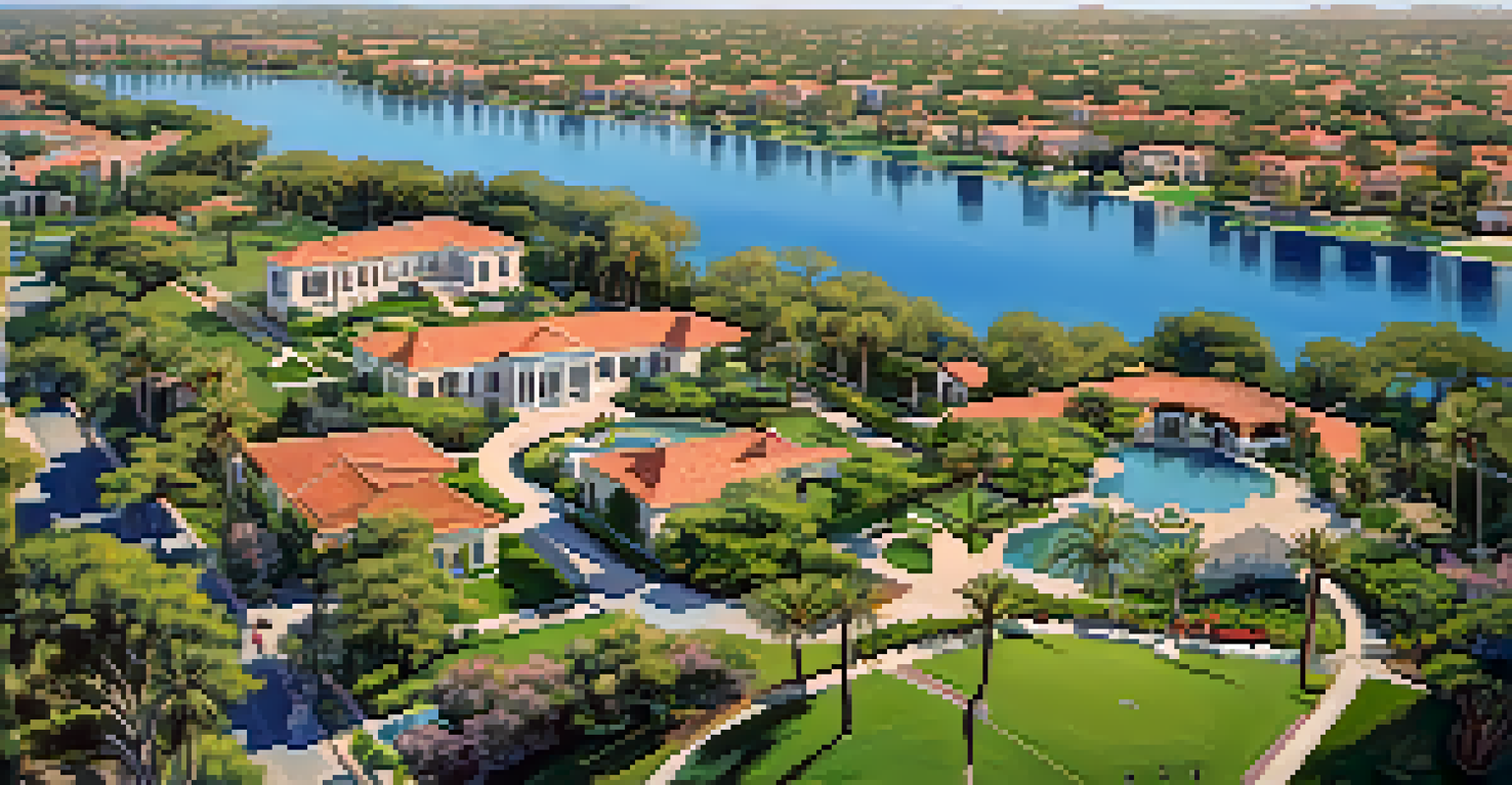 An aerial perspective of Encanto Park, showcasing lakes and walking paths, surrounded by historic homes in a vibrant neighborhood.