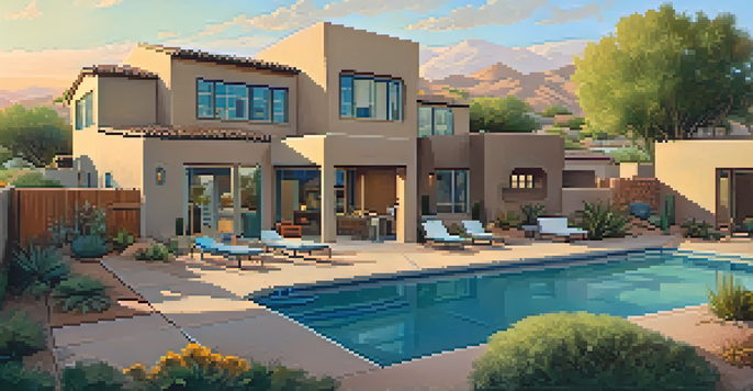 A modern suburban neighborhood in Phoenix with colorful houses and desert landscaping, featuring a family enjoying their backyard during golden hour.