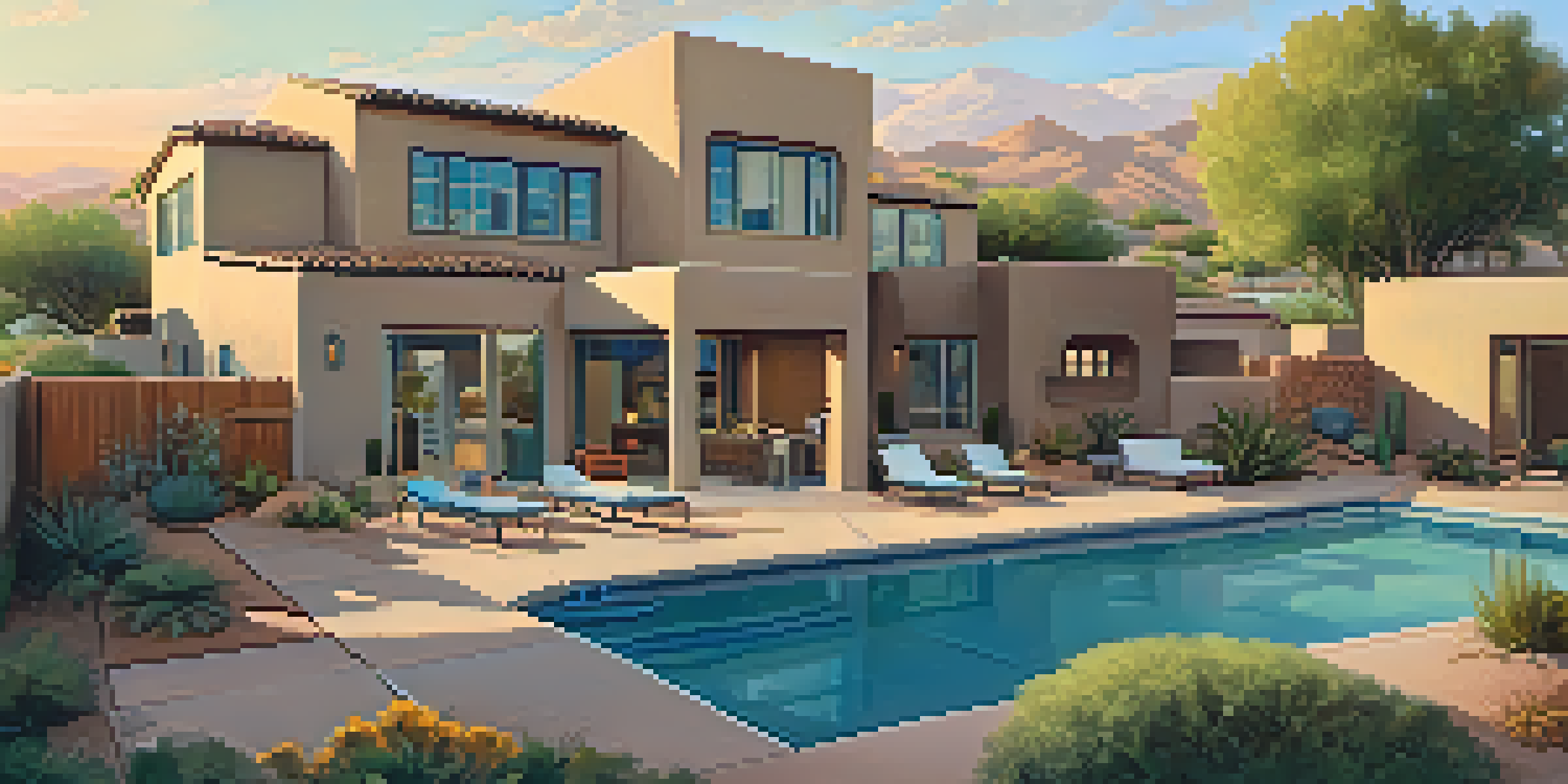 A modern suburban neighborhood in Phoenix with colorful houses and desert landscaping, featuring a family enjoying their backyard during golden hour.