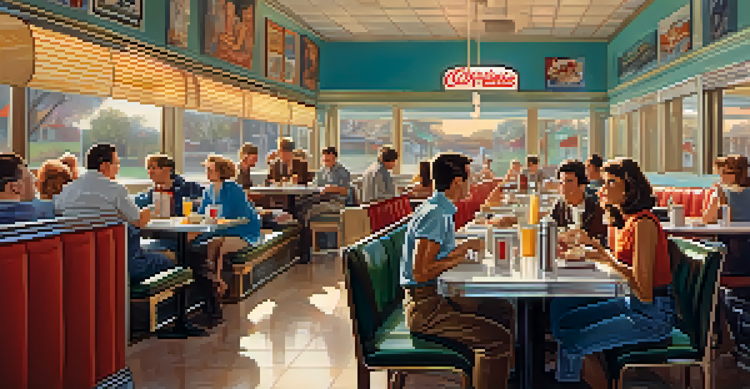 A lively retro diner interior filled with patrons enjoying breakfast burritos and omelets in cozy booths, with warm lighting and vintage decor.