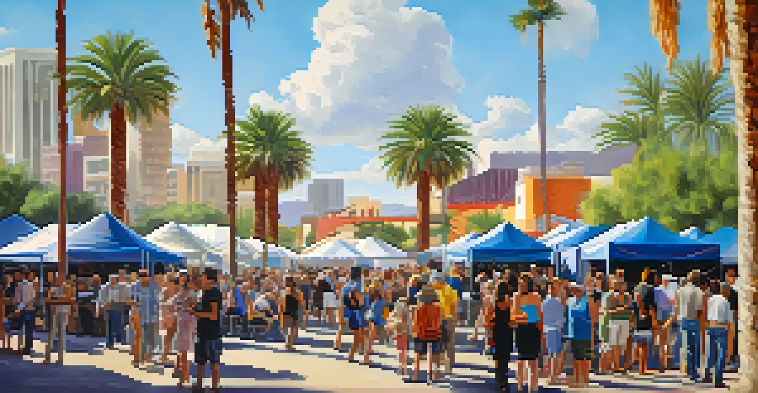 An outdoor art festival in downtown Phoenix, showcasing artists and colorful tents under a blue sky with palm trees.