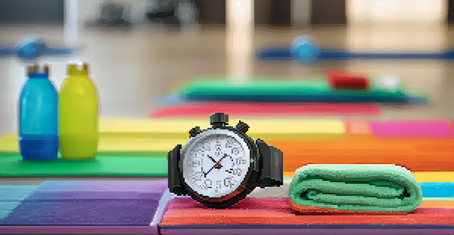 A close-up of a fitness tracker showing a HIIT workout timer, surrounded by gym essentials like water bottles and towels.