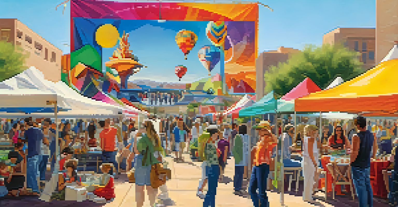 A community event in Phoenix where designers showcase their artwork, with people interacting and colorful booths.
