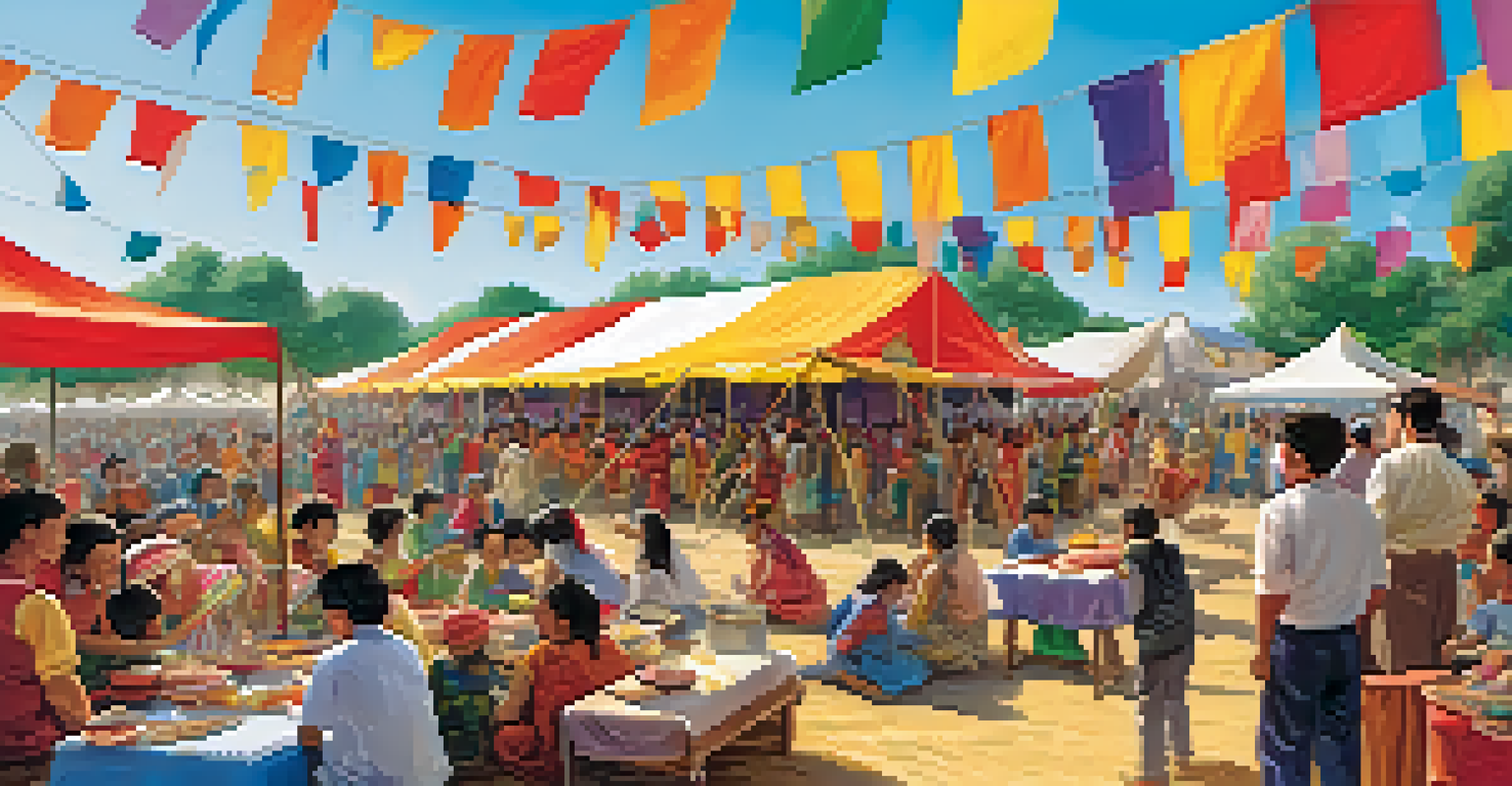 A vibrant outdoor cultural festival with people enjoying food, performances, and activities, showcasing diversity and community spirit in a sunny setting.