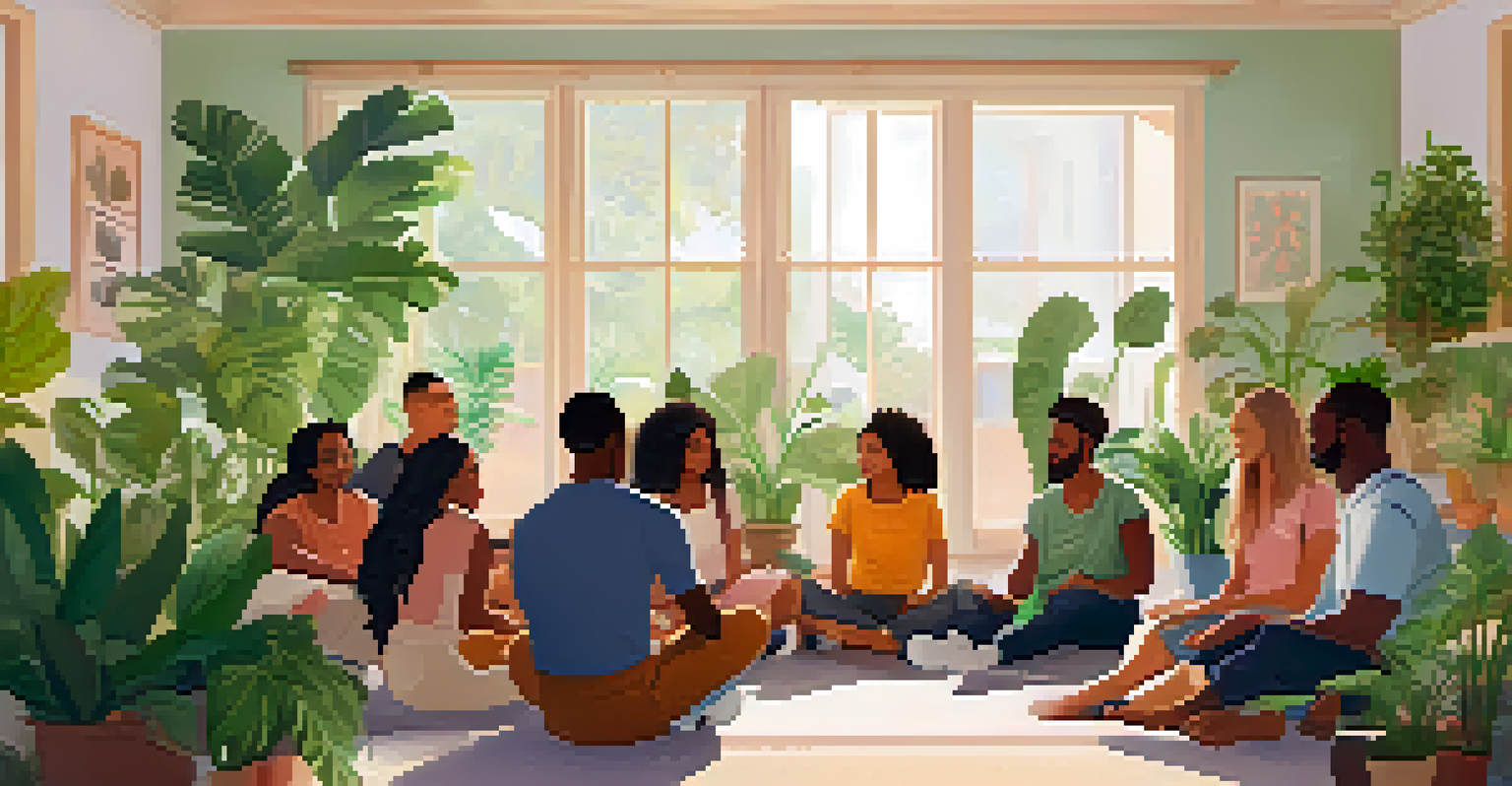A diverse group of people in a support group, engaged in conversation in a bright room.
