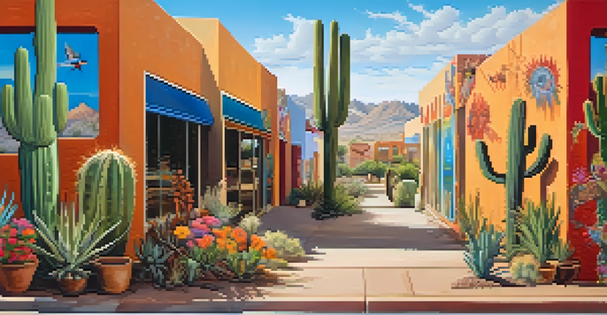 A colorful mural in Phoenix featuring Native American languages and symbols, surrounded by flowers and cacti under bright sunlight.