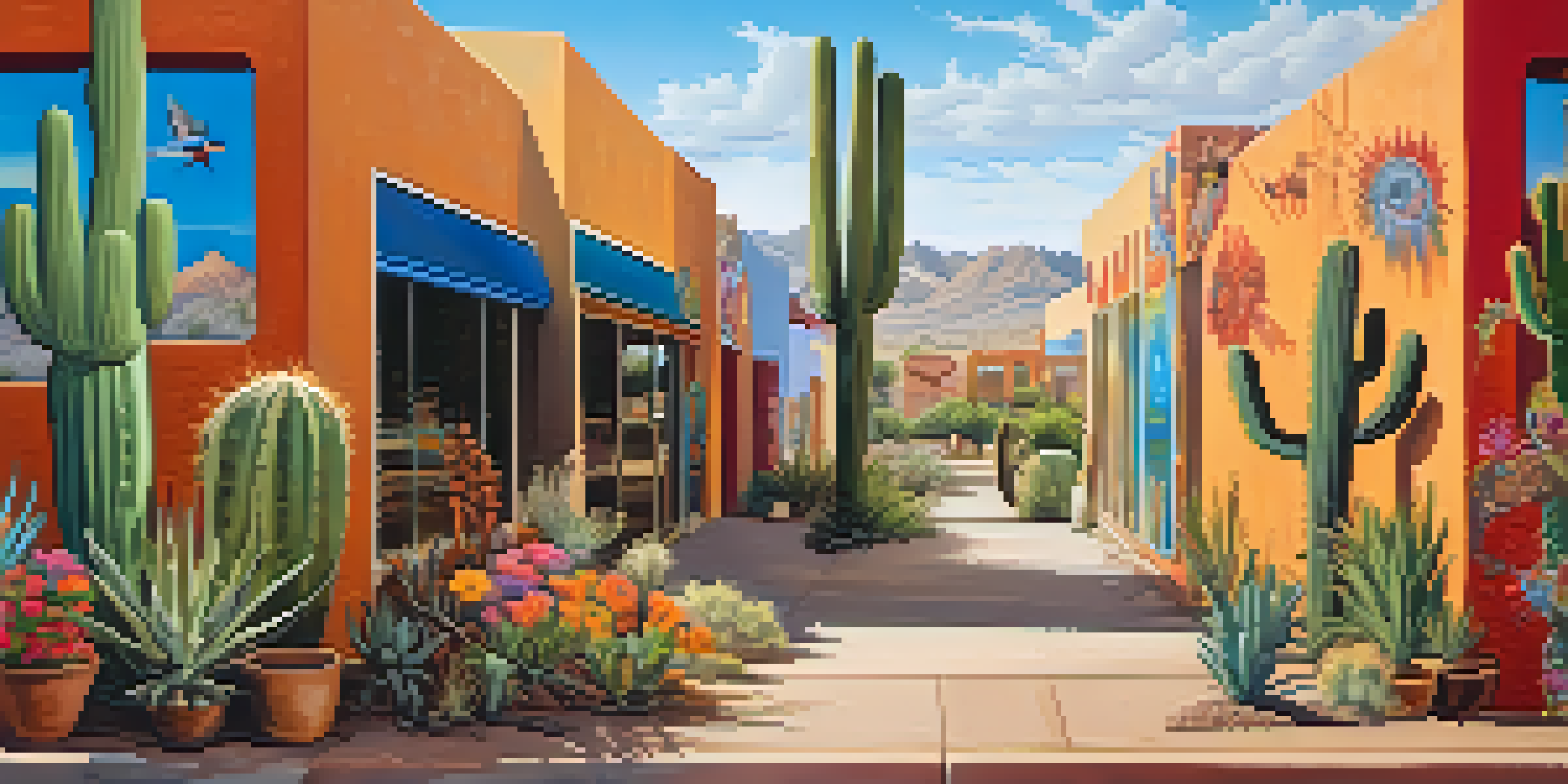 A colorful mural in Phoenix featuring Native American languages and symbols, surrounded by flowers and cacti under bright sunlight.