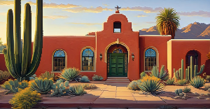 A Mission Revival style building with stucco walls and a red tile roof, surrounded by desert plants under a golden sunset.