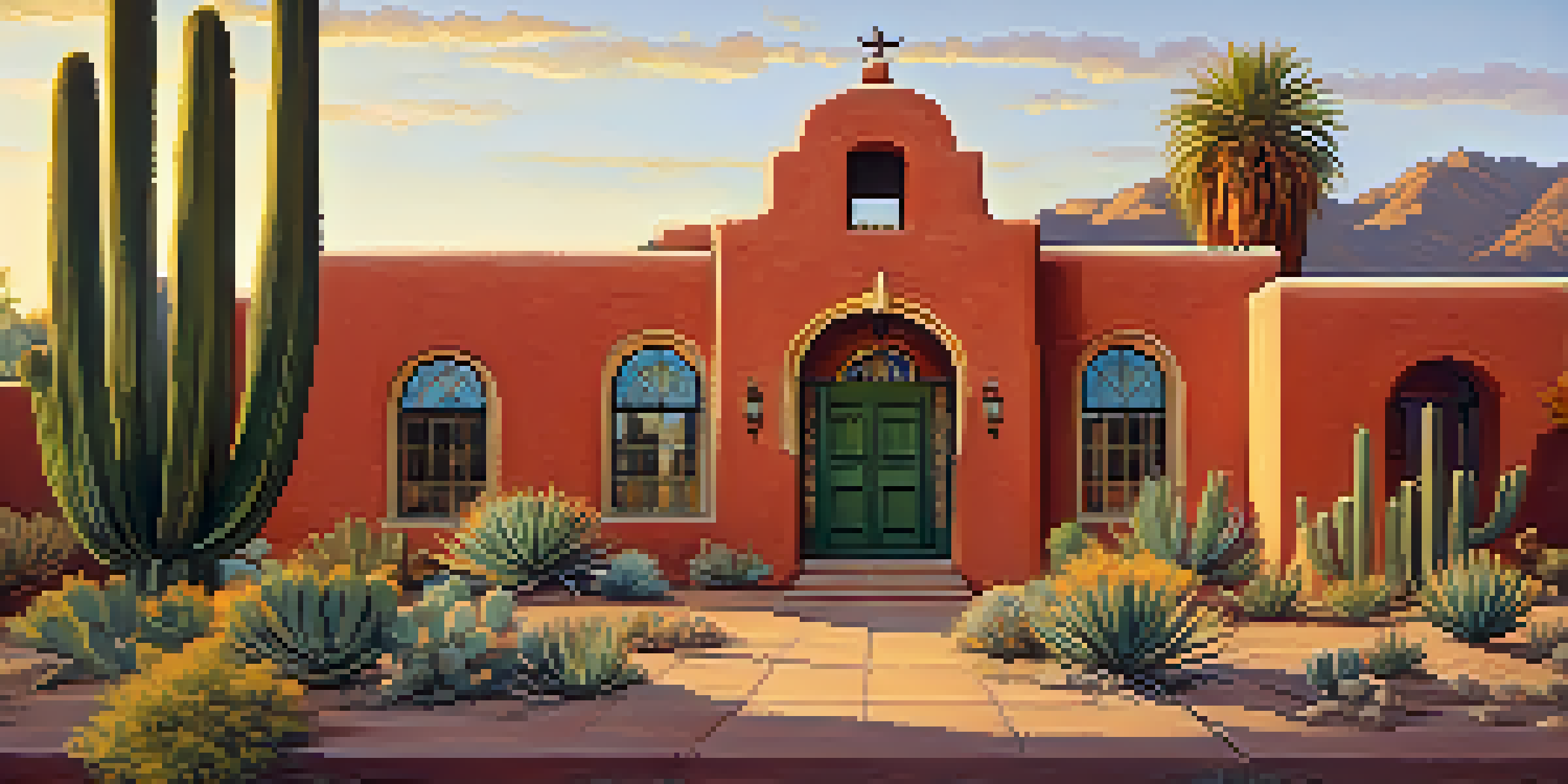 A Mission Revival style building with stucco walls and a red tile roof, surrounded by desert plants under a golden sunset.