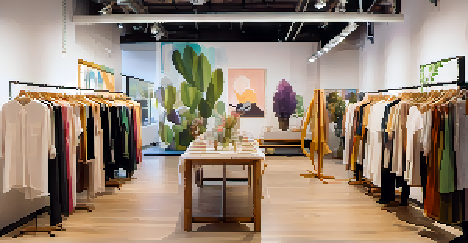 A fashion pop-up event in Phoenix displaying eco-friendly clothing and workshops on sustainable practices, illuminated by soft lighting.