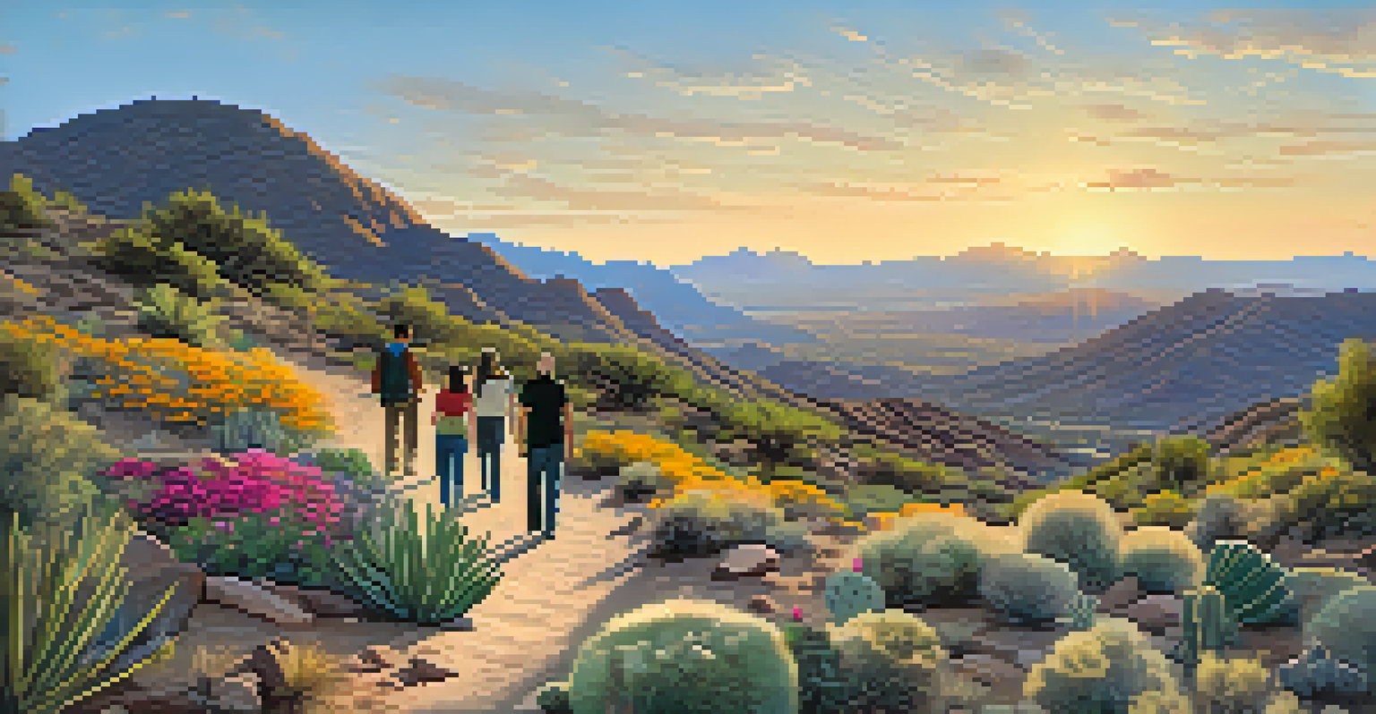 A family hikes along a dirt path in South Mountain Park, surrounded by wildflowers and mountains bathed in golden sunset light.