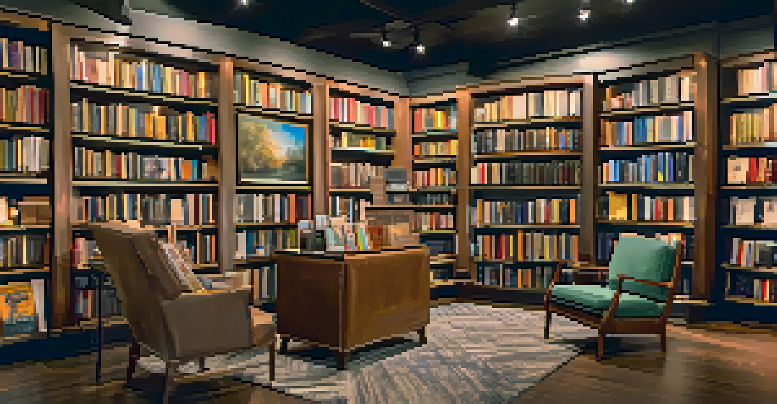 A cozy independent bookstore in Phoenix with wooden bookshelves, plush armchairs, and warm lighting, creating an inviting reading environment.