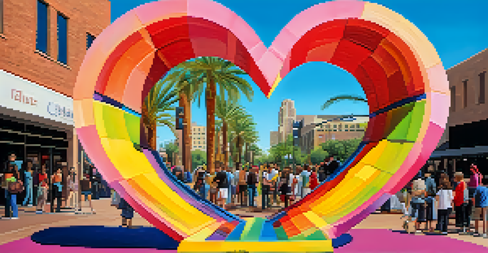 A heart-shaped sculpture in Downtown Phoenix with people interacting around it, showcasing vibrant colors and a sunny urban landscape.