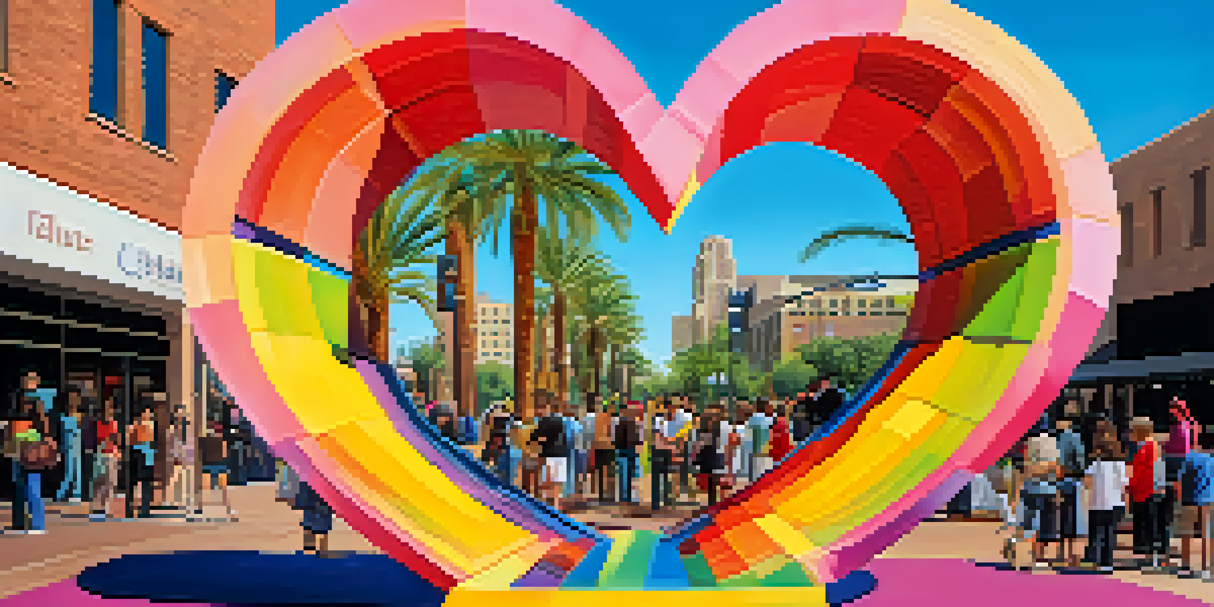 A heart-shaped sculpture in Downtown Phoenix with people interacting around it, showcasing vibrant colors and a sunny urban landscape.