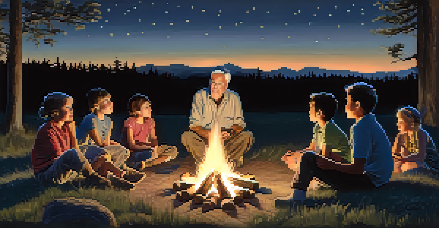 An elder sharing stories with children around a campfire under a starry sky, with warm firelight illuminating their faces.