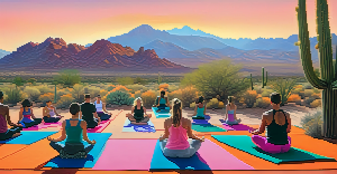 A group of people practicing yoga outdoors at sunrise with mountains in the background and colorful mats on the desert ground.