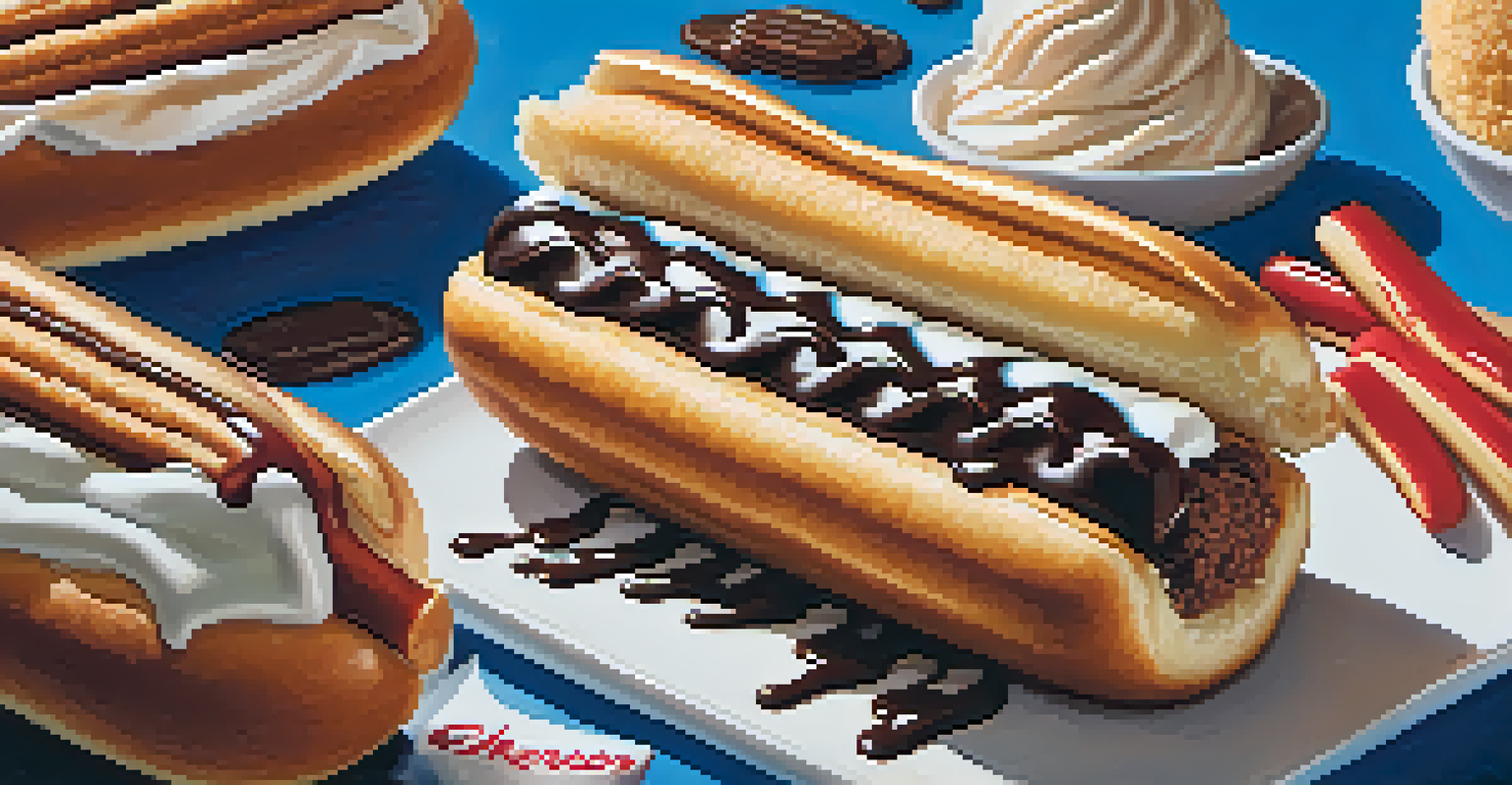 A close-up of a Churro Dog dessert featuring a churro bun filled with a hot dog, topped with ice cream and chocolate sauce, showcasing rich textures and colors.