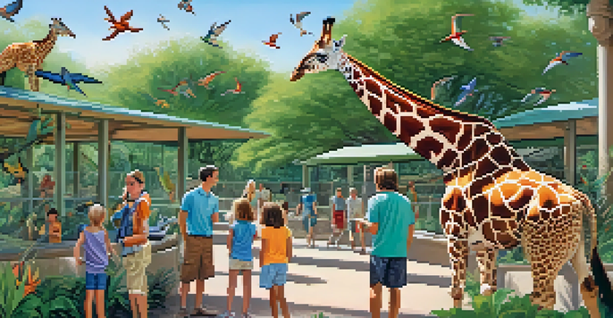 A family at the Phoenix Zoo feeding a giraffe, with colorful birds and lush greenery in the background.