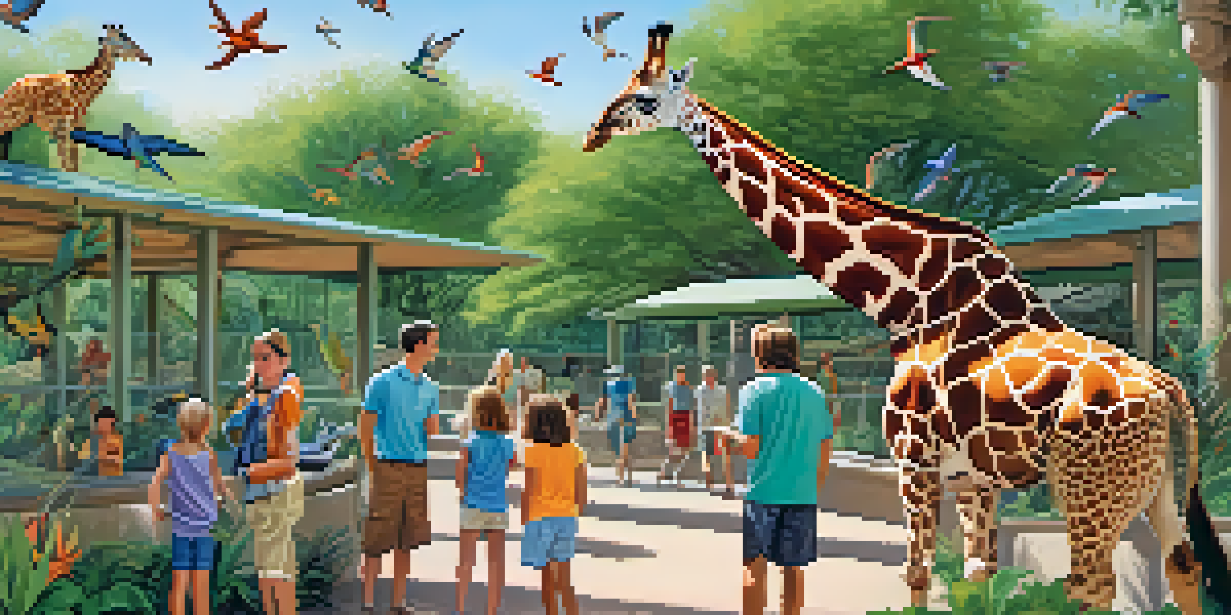 A family at the Phoenix Zoo feeding a giraffe, with colorful birds and lush greenery in the background.
