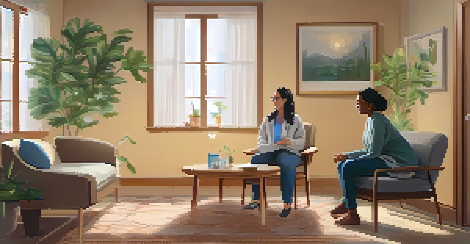 A mental health therapy session in a cozy room with a therapist and patient, featuring soft lighting and calming decor.