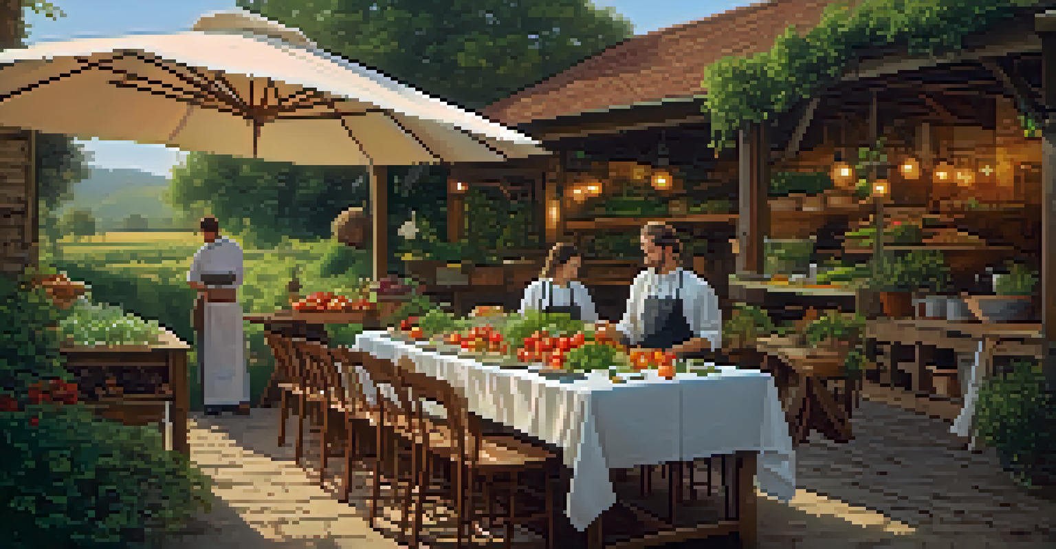 An outdoor dining setup featuring seasonal produce and a chef preparing a gourmet dish.