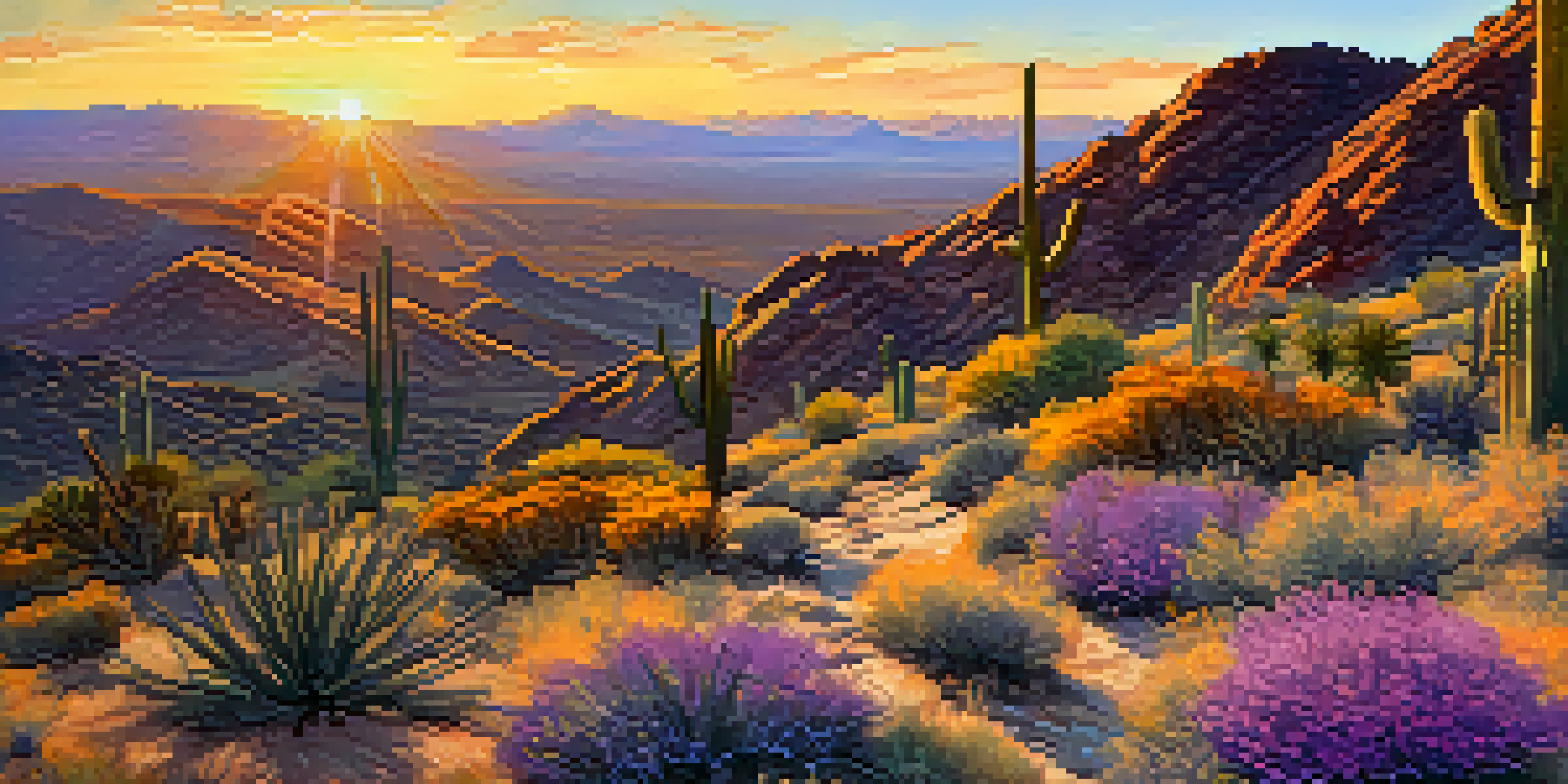 A sunset view of South Mountain Park with a winding hiking trail surrounded by desert plants and cacti.