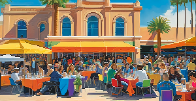 A lively literary festival in Phoenix with authors and attendees engaging at booths under a clear blue sky.