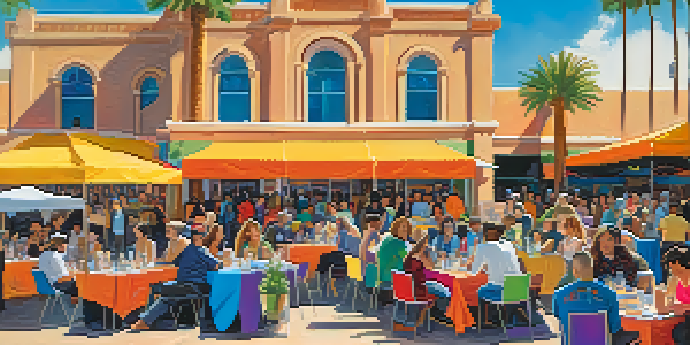 A lively literary festival in Phoenix with authors and attendees engaging at booths under a clear blue sky.