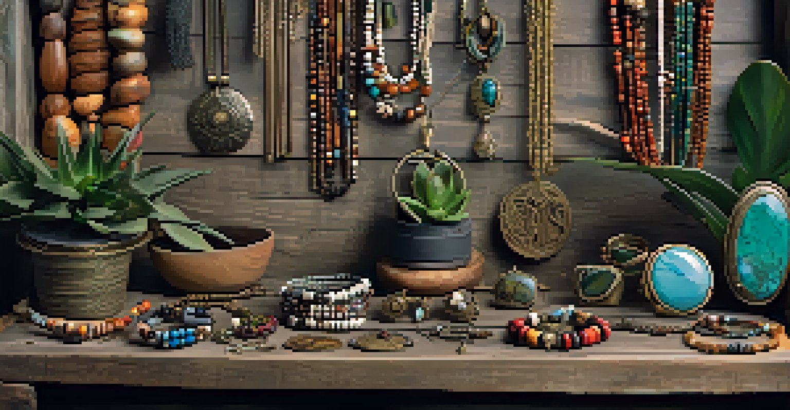 A variety of unique artisan jewelry pieces displayed on a wooden table, with plants in the background.