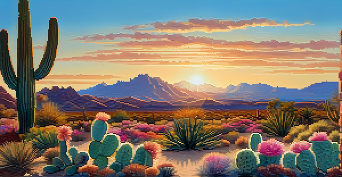 A beautiful desert landscape in Phoenix, Arizona with a blooming cactus and distant mountains under a clear blue sky.