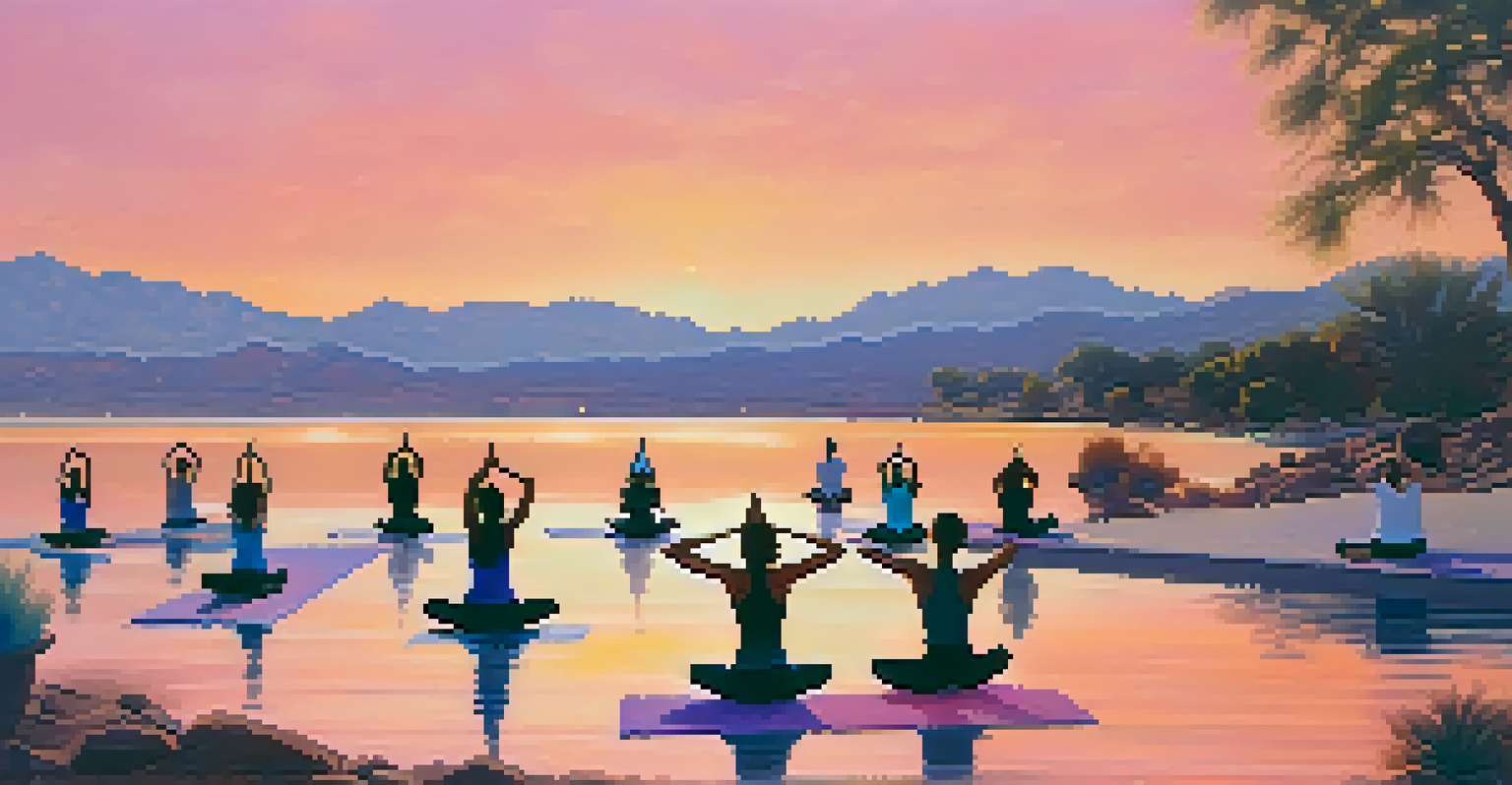 Participants practicing yoga at sunset on a waterfront in Phoenix, with beautiful colors reflected on the water.