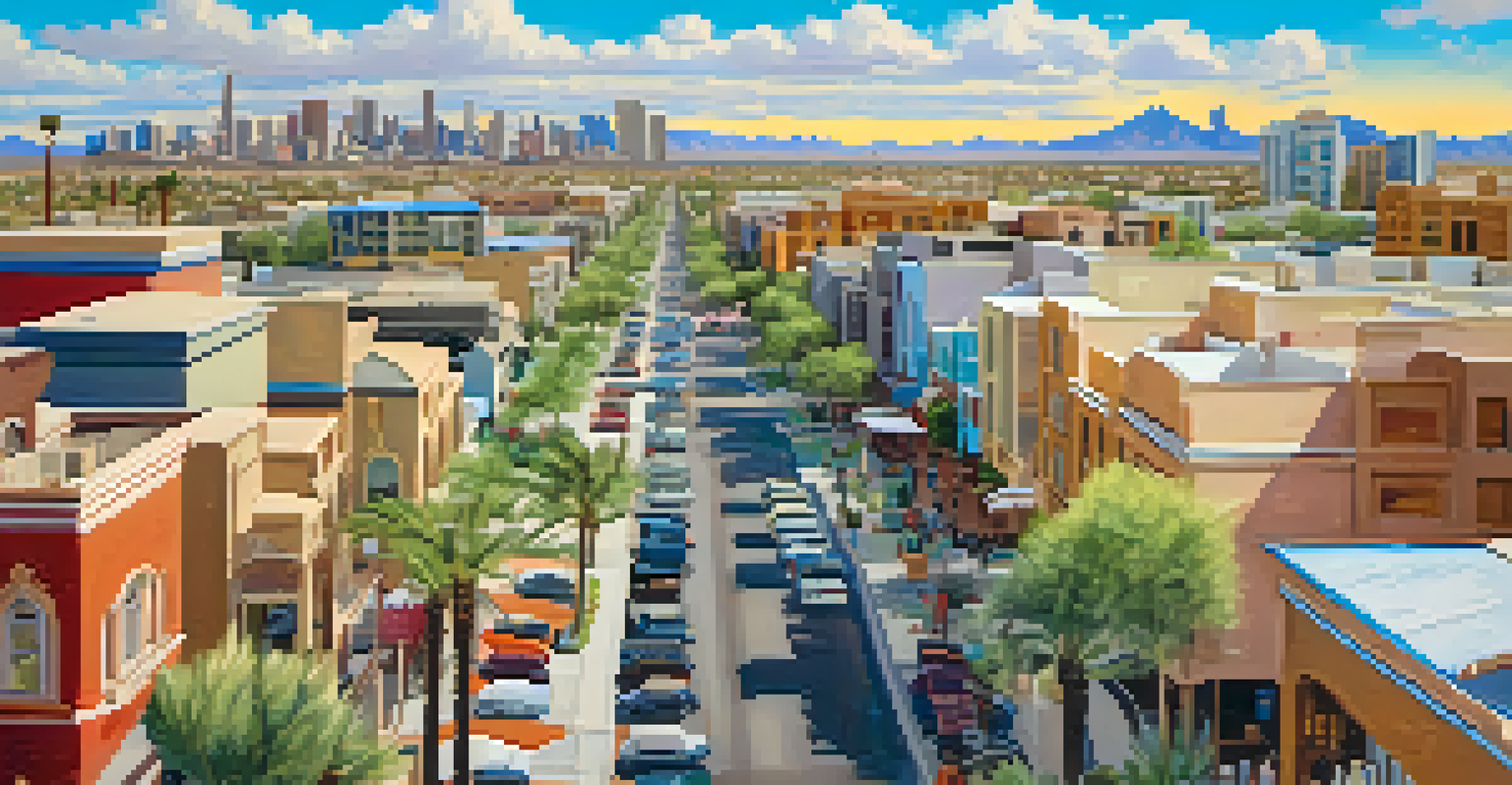 Aerial view of a lively real estate market in Phoenix with people and properties.
