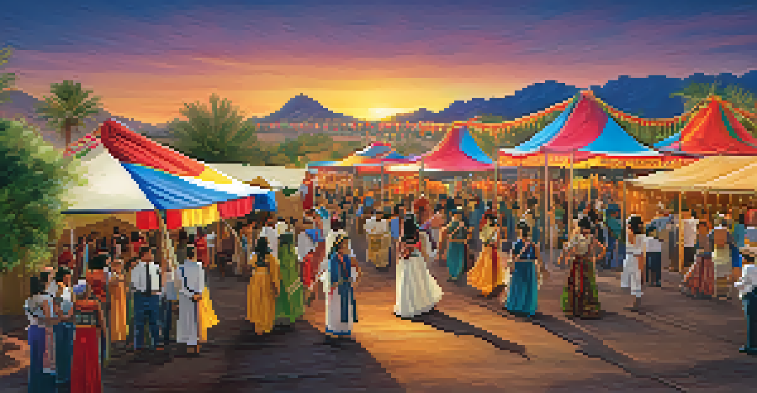 A vibrant outdoor festival in Phoenix with traditional dancers, colorful booths, and people in cultural attire celebrating diversity.
