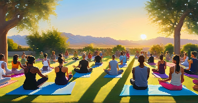 A group of people practicing yoga in a park during sunset, surrounded by greenery and colorful mats.