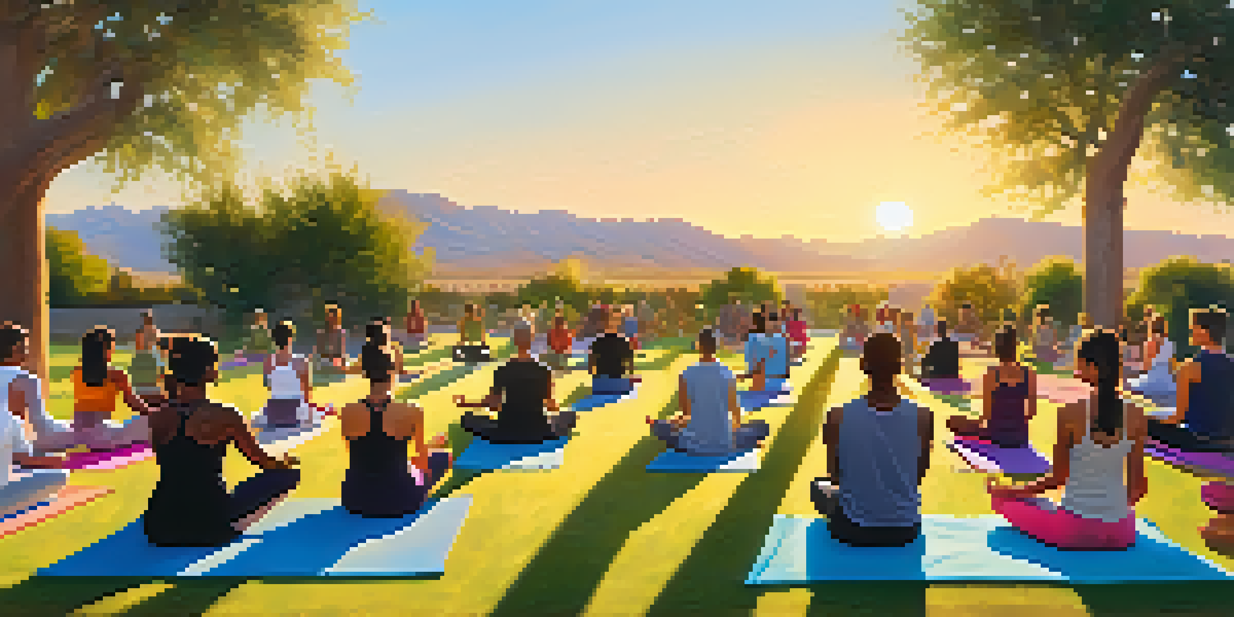 A group of people practicing yoga in a park during sunset, surrounded by greenery and colorful mats.