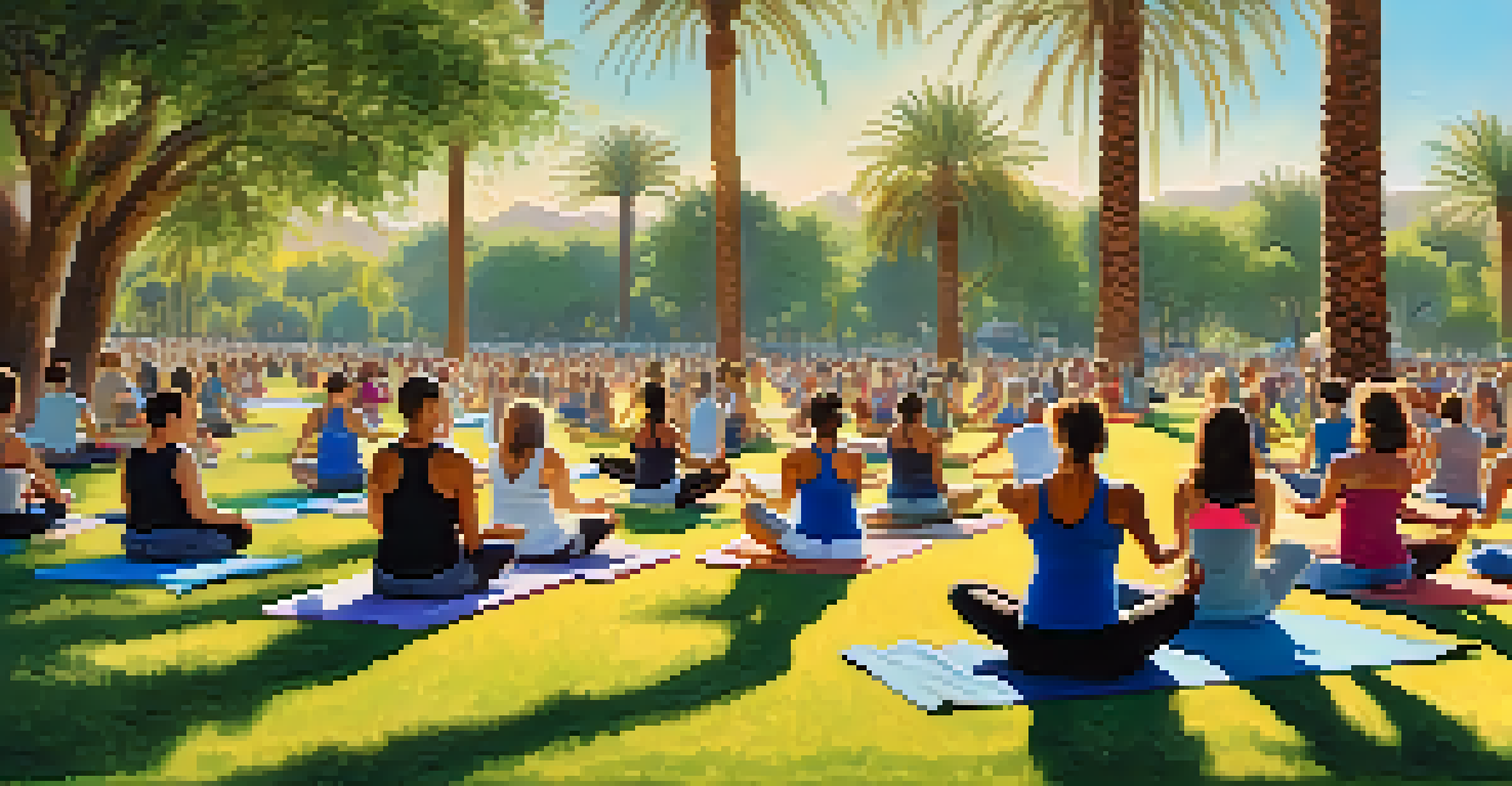 An outdoor fitness class in a Phoenix park with diverse participants practicing yoga under a clear blue sky.