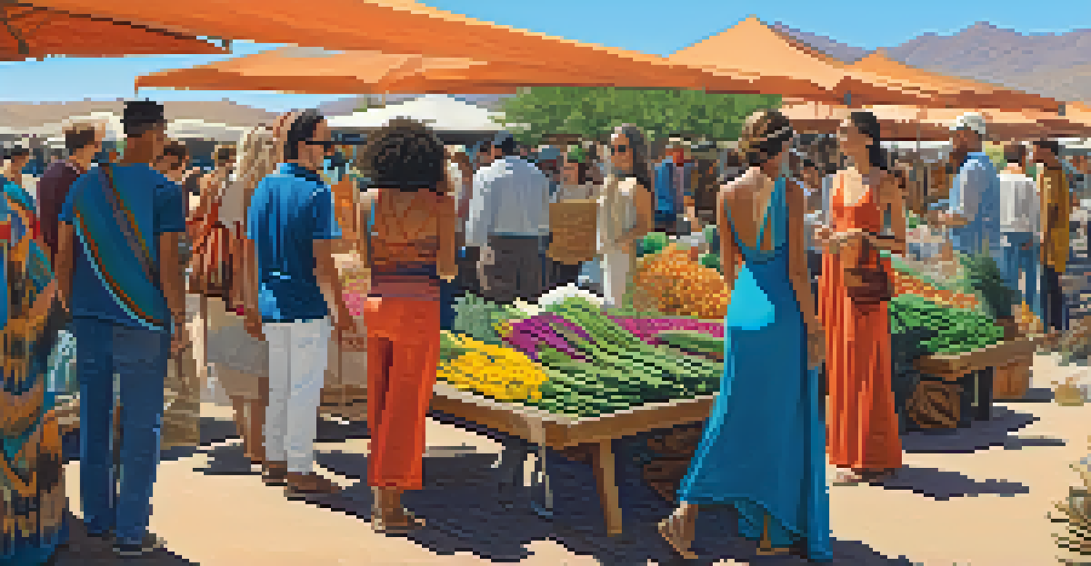A lively outdoor market in Phoenix featuring sustainable fashion, with vendors showcasing colorful eco-friendly clothing and shoppers browsing vintage pieces.